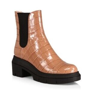 NWT Stuart Weitzman Norah Tan Embossed Leather Block Heel Boot Size 38.5